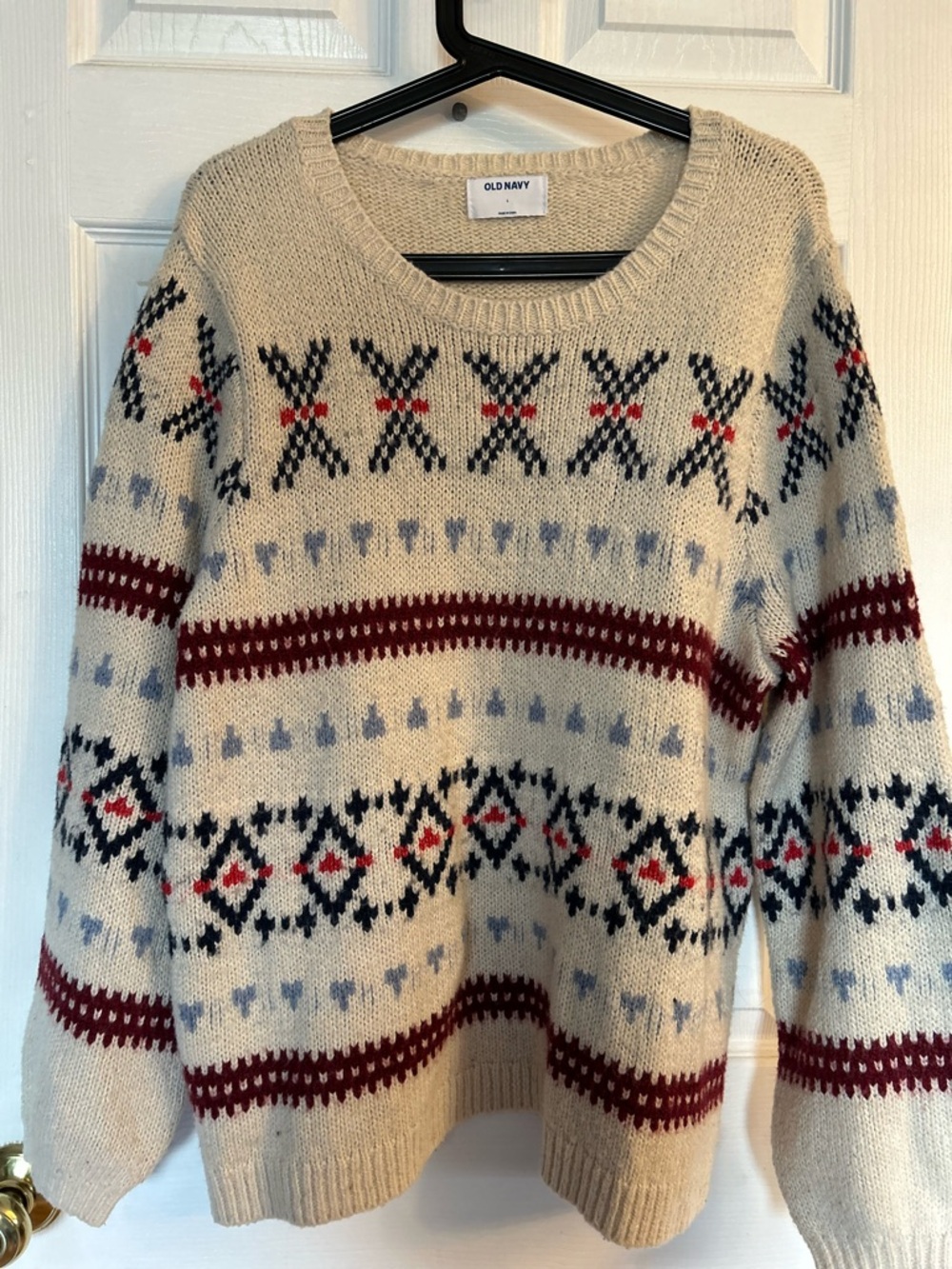 Old Navy Cream Fair Isle Sweater with Navy & Burgundy Details